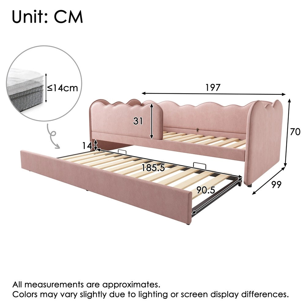 Letto Singolo Imbottito con Rete a Doghe e Letto Estraibile ¨C MINIMAL ¨C Velluto Rosa 90x190
