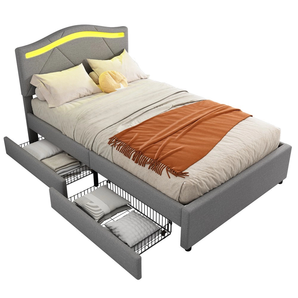 Letto Imbottito con LED e Cassetti ¨C MINIMAL ¨C Testiera Regolabile, Grigio, 90x200