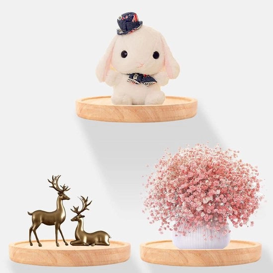 Pannelli da parete in legno decorativo a forma di piatto di legno per foto, piante, candele, esposizione moderna design Ø 15 cm carico massimo 18 kg - Set da 3 pezzi