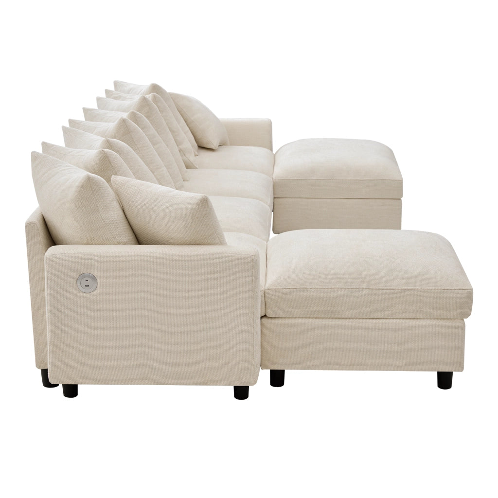 Divano angolare modulare a U o L 6 posti con porte USB e Type-C 8 cuscini e 2 pouf in chenille beige