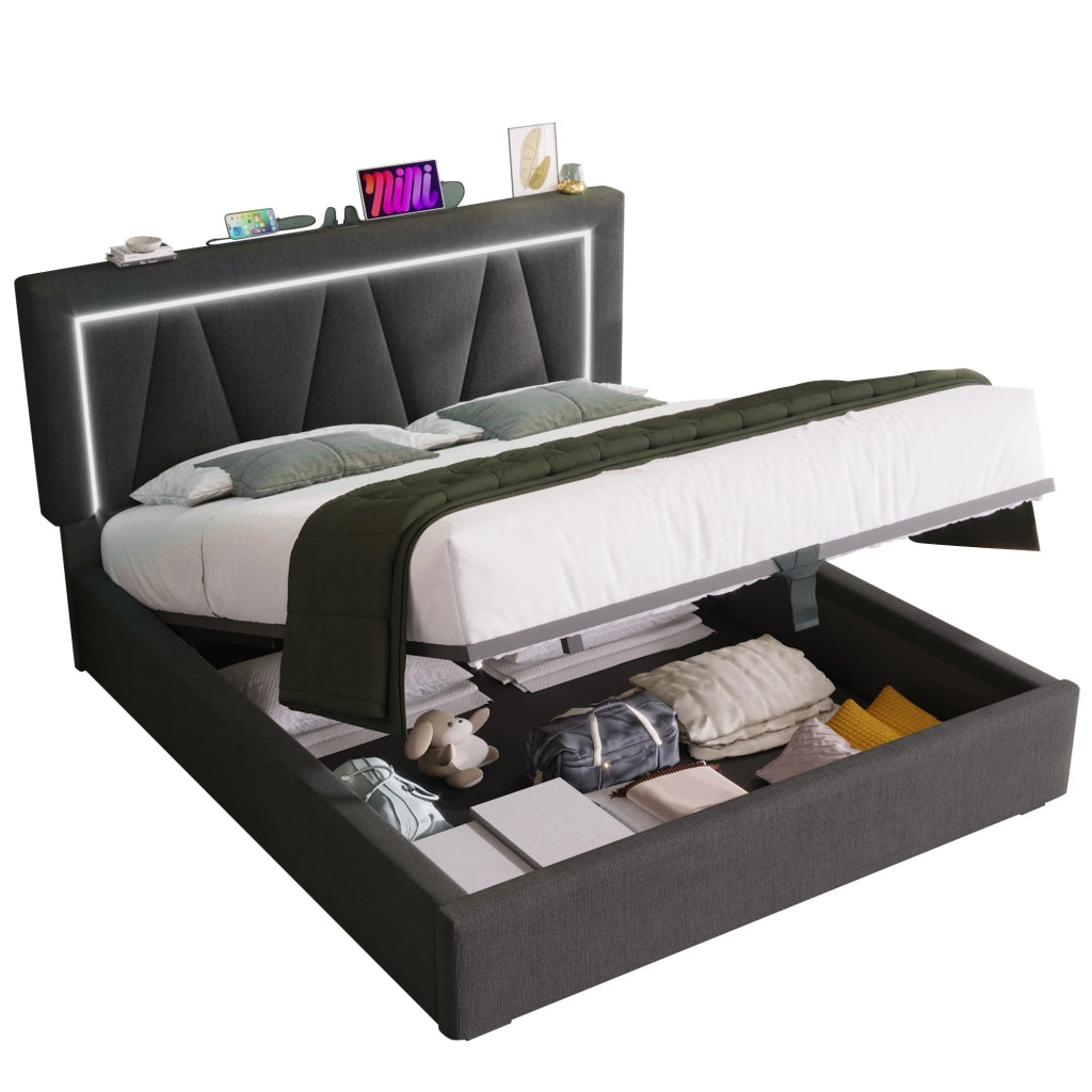 Letto Contenitore Imbottito LED ¨C MINIMAL ¨C 140x200, Tessuto, USB, Rete a Doghe