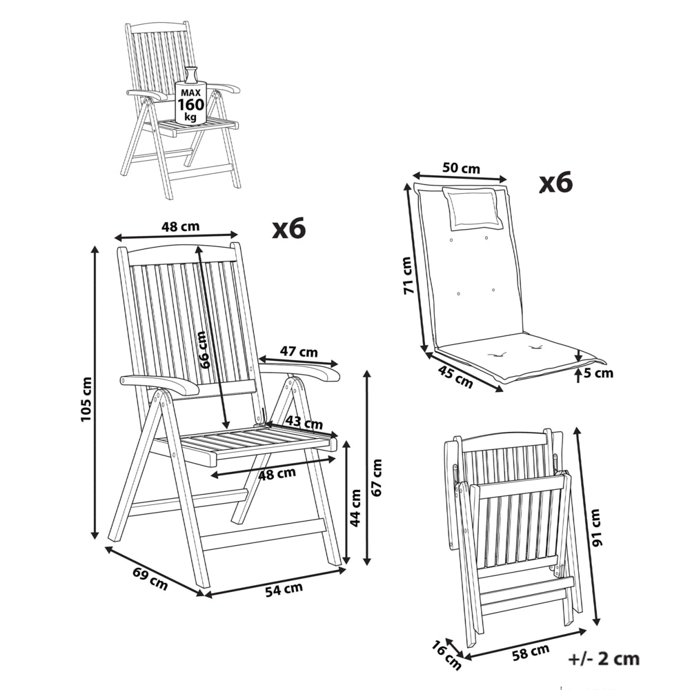 Set di 6 sedie da giardino in stile rustico in legno di acacia naturale, regolabili e pieghevoli con braccioli, cuscini marrone scuro e bianco sporco