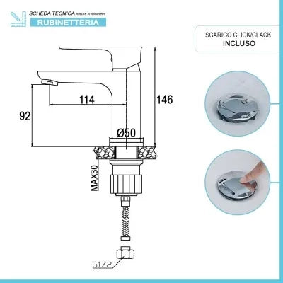 Set miscelatori lavabo bidet e doccia Flat con piletta click clack