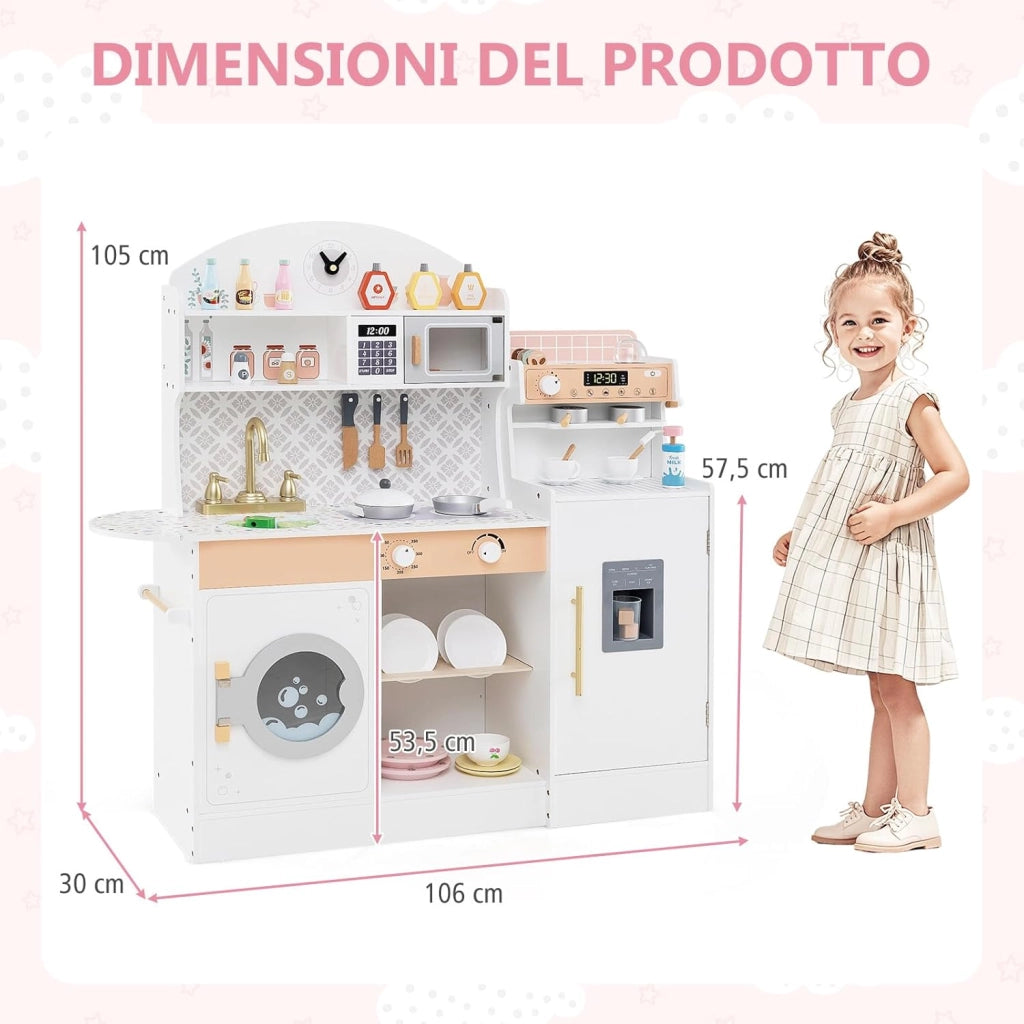 Cucina Giocattolo con Macchina da Caffè e del Ghiaccio, Cucina per Bambini in Legno con Lavatrice, Microonde, Fornelli e Lavandino, Set Cucina con 27 Accessori, 106 x 30 x 105 cm (Bianco)
