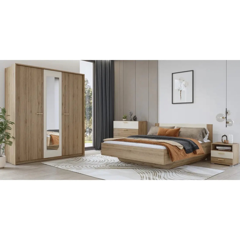 Camera completa VERTIGO – Letto 180x200 con doghe, 2 comodini, armadio a 3 ante, cassettiera + cornice design