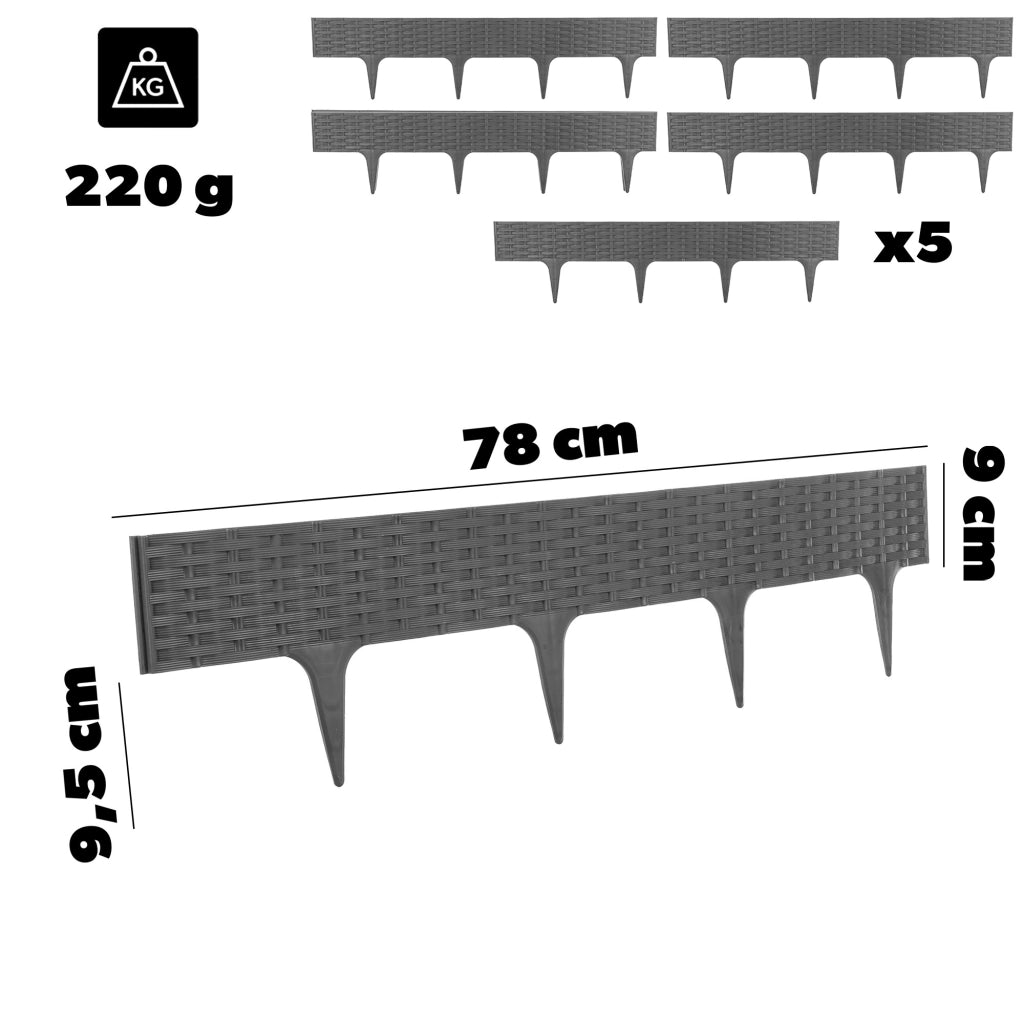Bordura per prato KADAX, recinzione a palizzata per giardino, recinzione carrabile, grigia, 390 cm, 5 pezzi