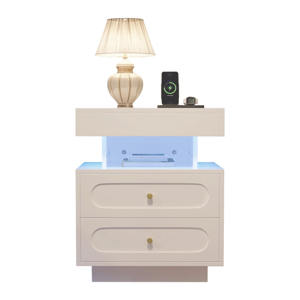 Comodino con LED e 2 Cassetti ¨C MINIMAL ¨C Bianco 50x40x60 cm