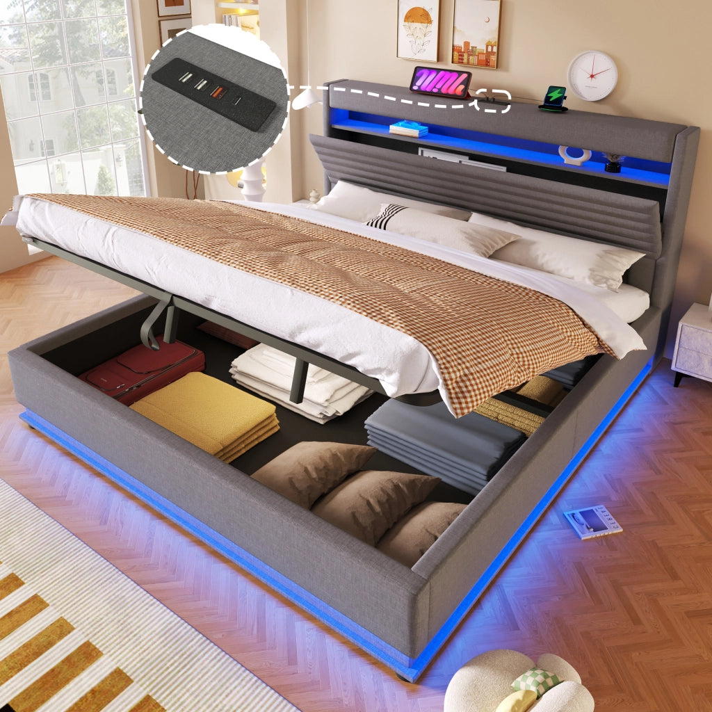 LETTO imbottito 180x200 cm in lino grigio con USB Type-C e LED, senza materasso