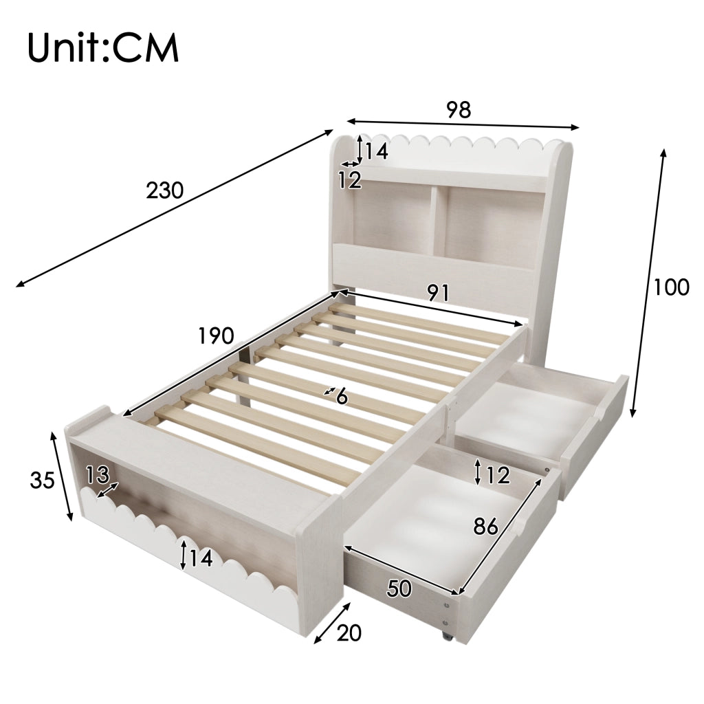 LETTO Singolo con cassetti e ripiani 90x190 cm Bianco e Rovere