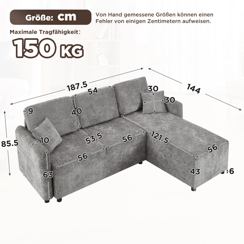 DIVANO ANGOLARE 3 POSTI L-FORMA Chenille Grigio con 2 cuscini