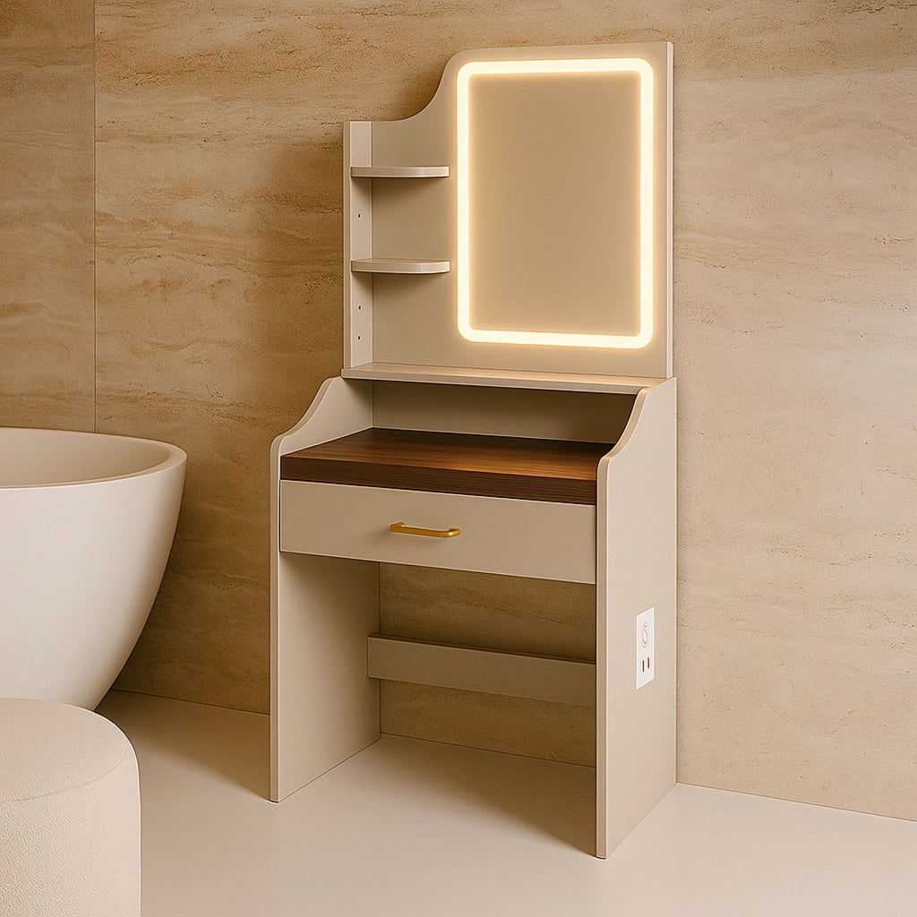 Afrodite - Toeletta Trucco con Luce LED Cassetto 3 Ripiani e Prese Postazione Make Up in Legno Tortora