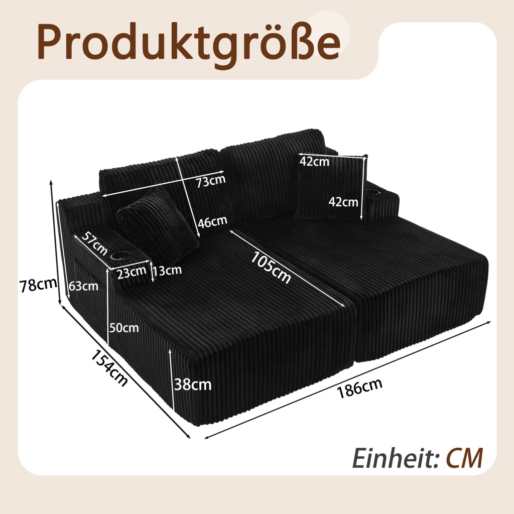 Divano Letto 2 Posti Relax ¨C MINIMAL ¨C Nero, Tessuto a Coste, con Cuscini