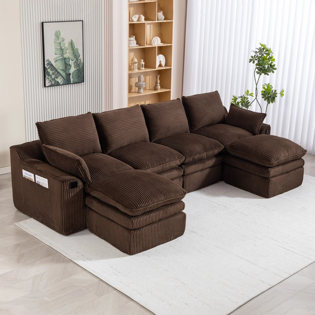 Divano modulare 4 posti con tasche laterali e cuscini - in corduroy marrone