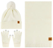 Set da donna, cappello, sciarpa e guanti caldi, tre pezzi, esterno e morbido, bianco latte