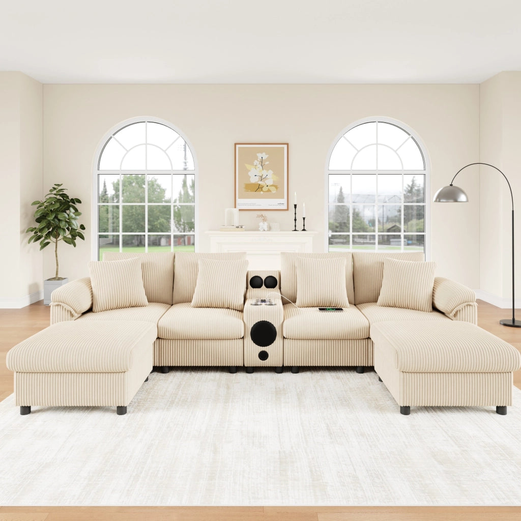 Divano modulare a U e L in velluto a coste beige 315;5 x 144 x 84;5 cm con console Bluetooth