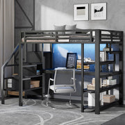 LETTO a soppalco 140x200 cm in metallo e MDF nero con scrivania, armadio e scala