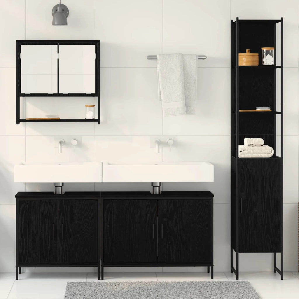 Set di mobili per il Bagno | Armadio da bagno 4 pz Nero Legno multistrato