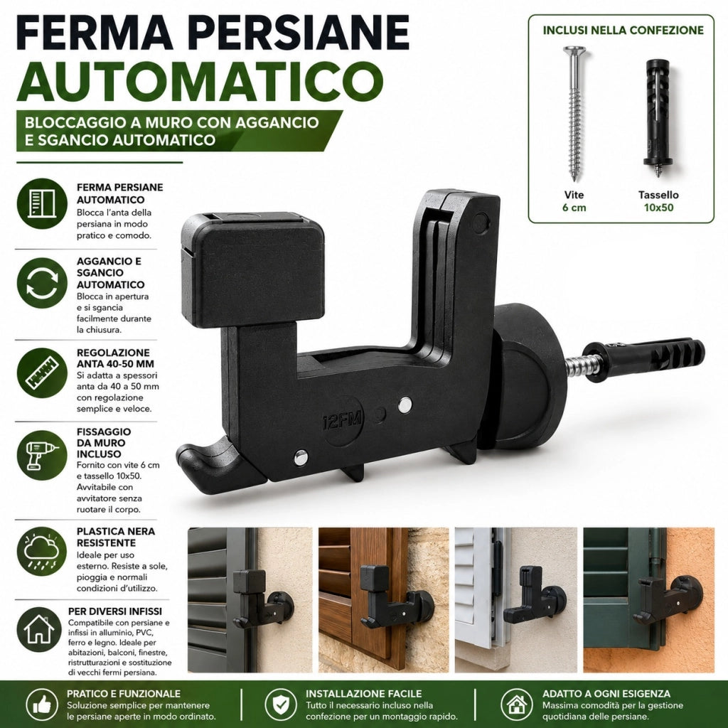 Ferma Persiane Automatico Nero da Muro Vite 6 cm Tassello 5cm