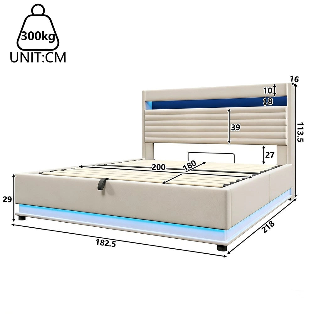 Letto Imbottito Contenitore con LED e USB ¨C MINIMAL ¨C Matrimoniale 180x200, Tessuto Beige