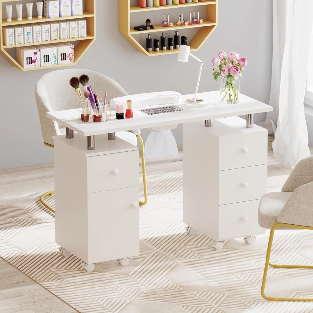 COSTWAY Tavolo Manicure con Aspirapolvere, Tavolo Unghie con Cassetti, Spina, 3 Sacchetti, Armadietto, Cuscino Poggia Polso e 8 Ruote blocabili, Banco Ricostruzione Unghie in Legno (Bianco)