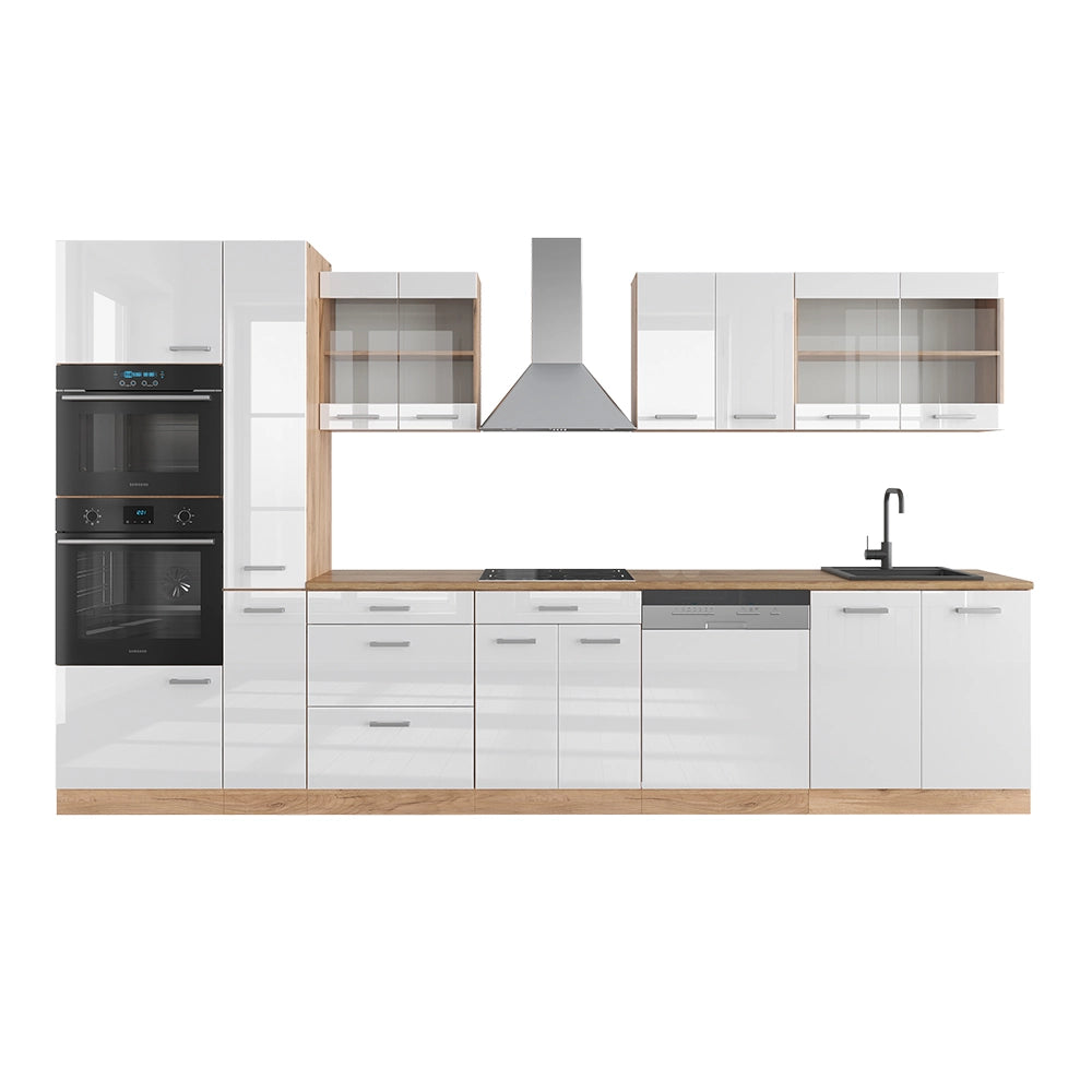 Vicco Angolo cottura Bianco lucido/oro power oak 350 cm con armadio alto, PL Rovere