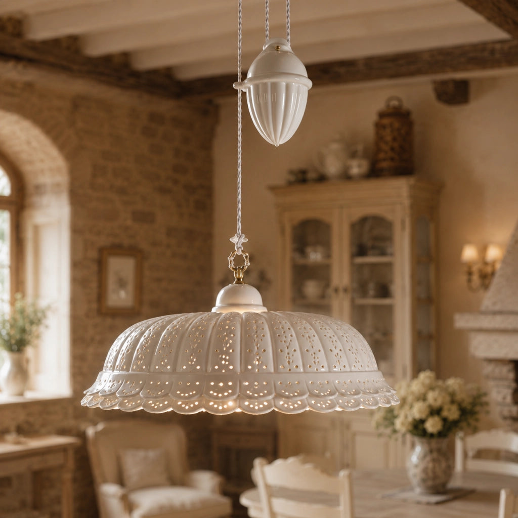POMARANCE Lampadario Saliscendi in Ceramica Traforata Ø41 Rustico Country