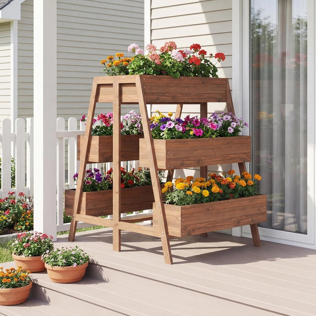 Orto Rialzato a 3 Livelli, Fioriere Rialzate in Legno Massello con Base Doghe e Tessuto, Aiuola Verticale per Piante da Interno ed Esterno per Giardino, Patio e Balcone, 126 x 90 x 115 cm