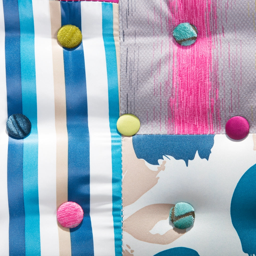 Poltrona Multicolore Tessuto Blu Patchwork Sedia Club Bottone Gambe In Legno capitonné