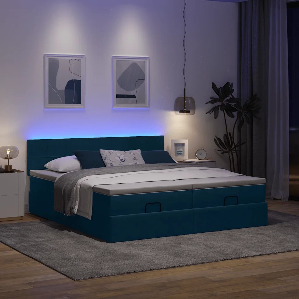 Pouf Letto con Materassi e LED Blu Scuro 200x200cm Velluto