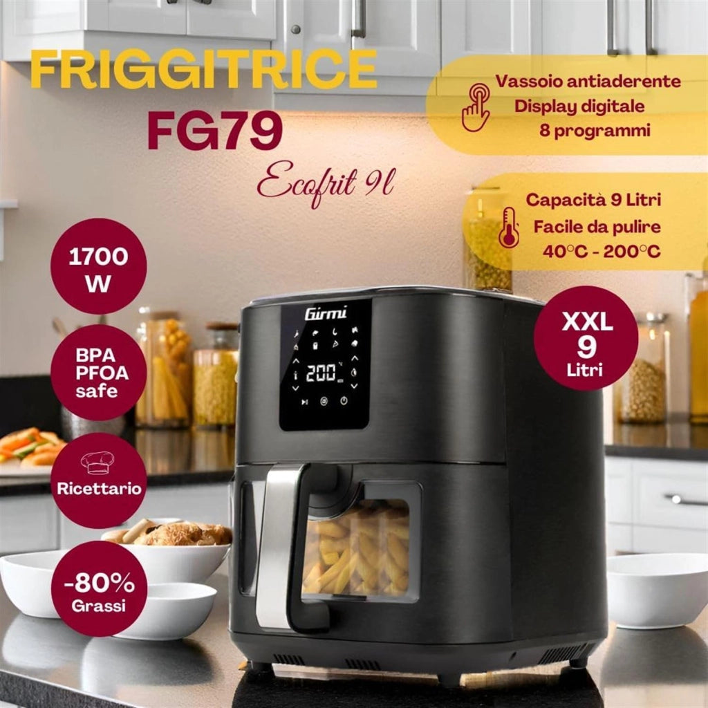 GIRMI ECOFRIT 9 L FRIGGITRICE AD ARIA 1700 W 9 LT XXL 8 PROGRAMMI DISPLAY DIGITALE BPA/PFOA SAFE LUCE INTERNA TIMER FG79