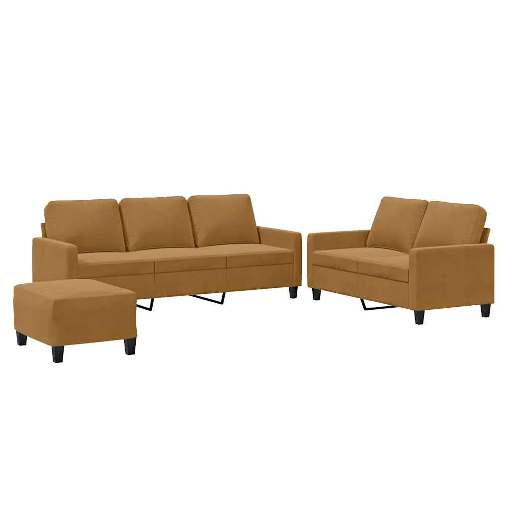 Set di Divani 3 pz con Cuscini Marrone in Velluto