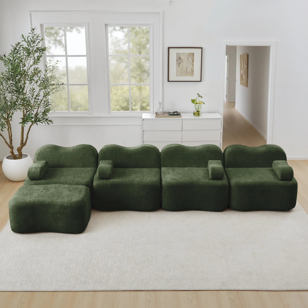 Divano Angolare Modulare 4 Posti con Ottoman ¨C MINIMAL ¨C Tessuto Verde, Cuscini Morbidi