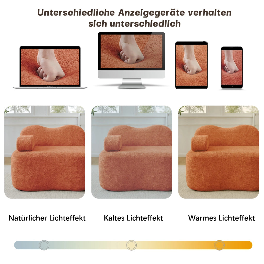 Divano angolare modulare 2 posti con pouf; forma ondulata e cuscino bracciolo mobile in velluto arancione