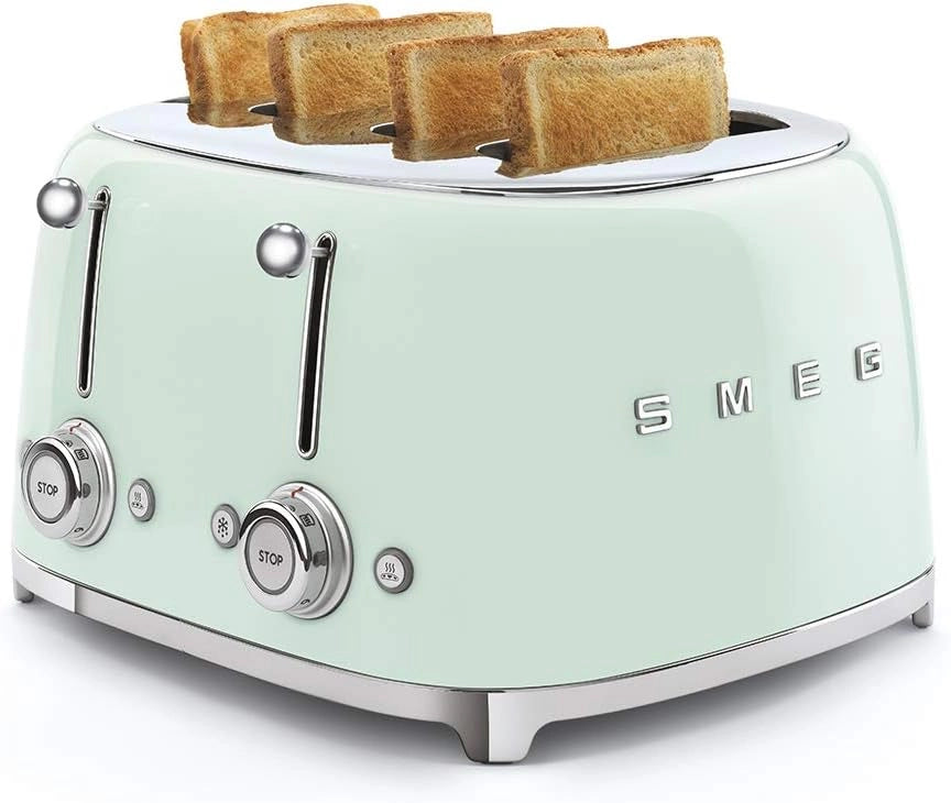 Smeg, tostapane 4x4 tsf03pgeu, 4 scomparti da 36mm, 6 livelli di doratura, funzione riscaldamento, scongelamento e bagel, espulsione automatica pane, 2 cassetti raccoglibriciole, 2000w, verde pastello