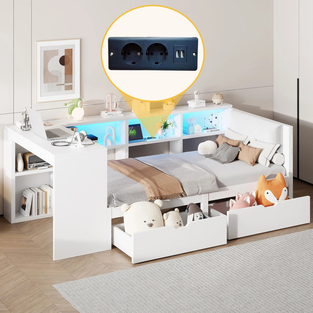 LETTO a piattaforma 90x200 cm bianco con testiera imbottita, ripiani, cassetti, USB e LED