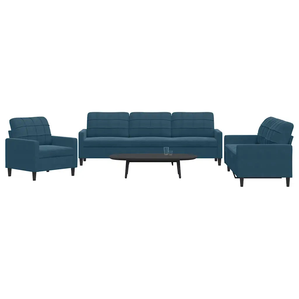 Set di Divani 3 pz con Cuscini Blu in Velluto