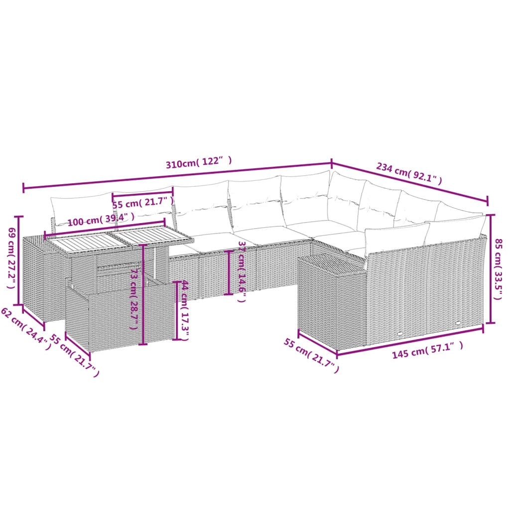 Set Divani da Giardino 10pz con Cuscini in Polyrattan Nero 3272799