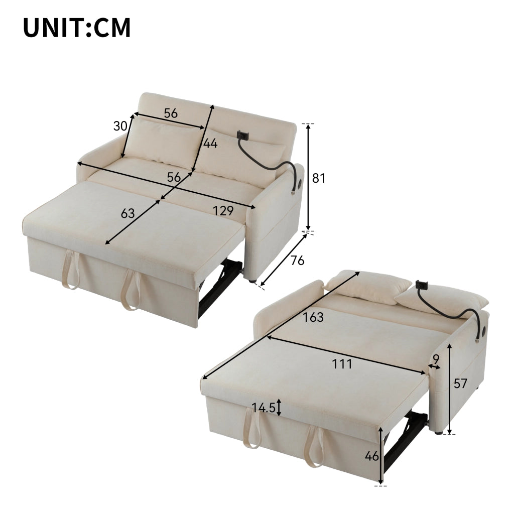 DIVANO LETTO Estraibile 129x163 cm Ciniglia Beige con USB e supporto telefono