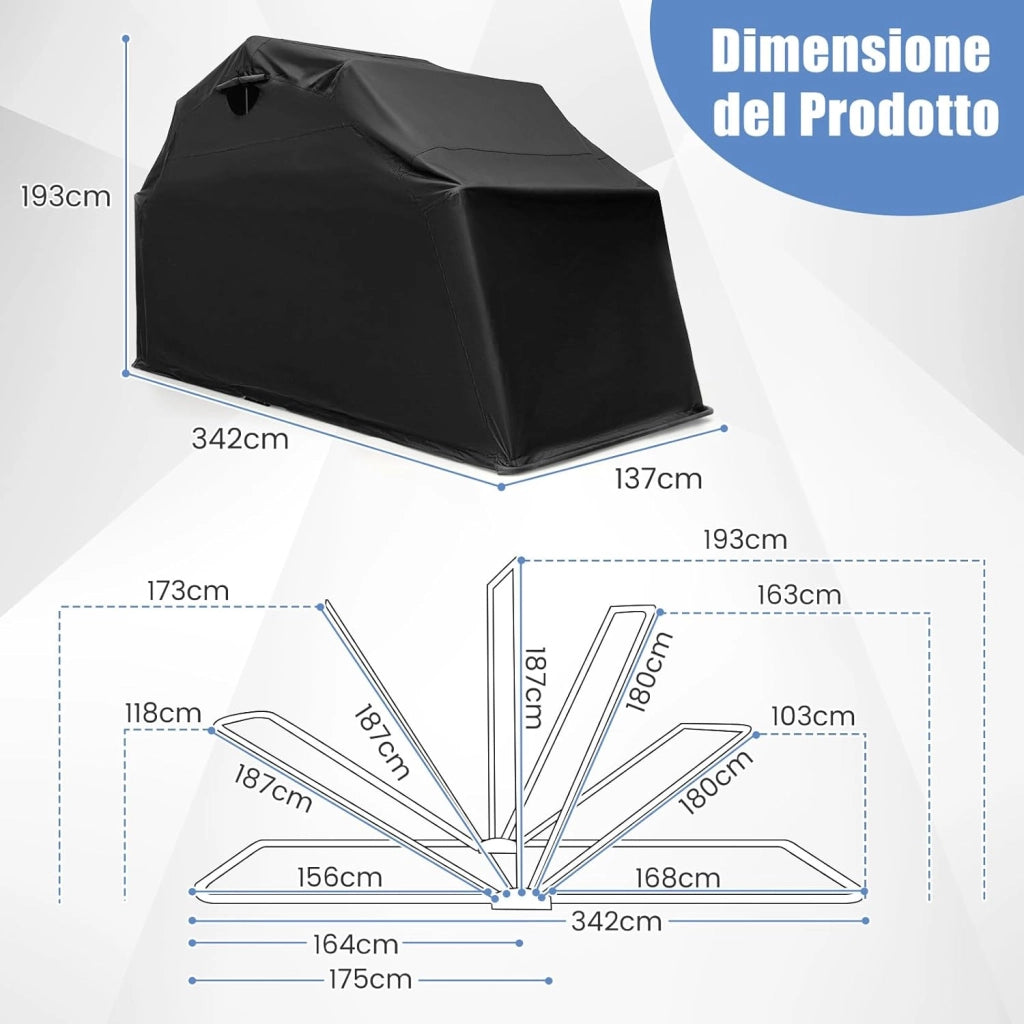 Telo Moto per Esterno, Garage per Moto con Copertura in Tessuto Oxford, Finestre a Rullo in Rete, Portatile e Impermeabile, 342 x 137 x 193 cm