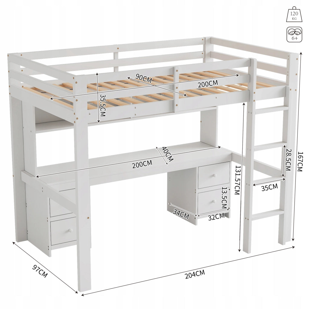 Letto a castello 90x200 bianco con scrivania - Xylo