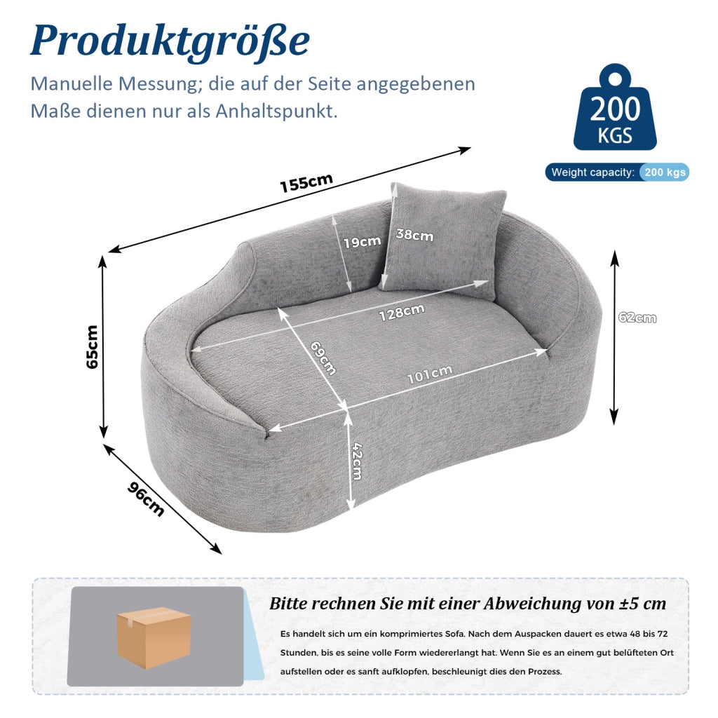 Chaise longue 2 posti con funzione letto; seduta profonda e cuscino per soggiorno in ciniglia - grigio chiaro