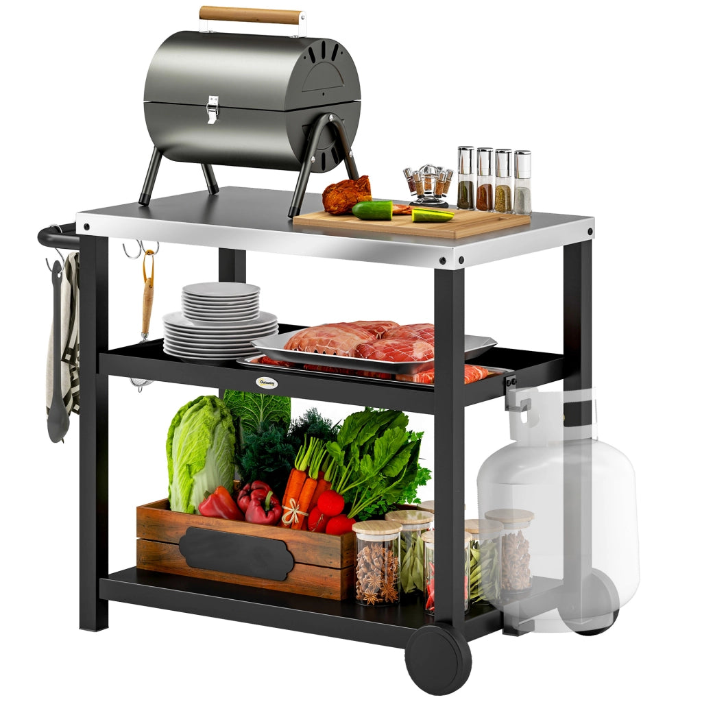 Carrello da Giardino BBQ ¨C Xylo ¨C Grigio con Ripiani e Ruote 102x50x81 cm