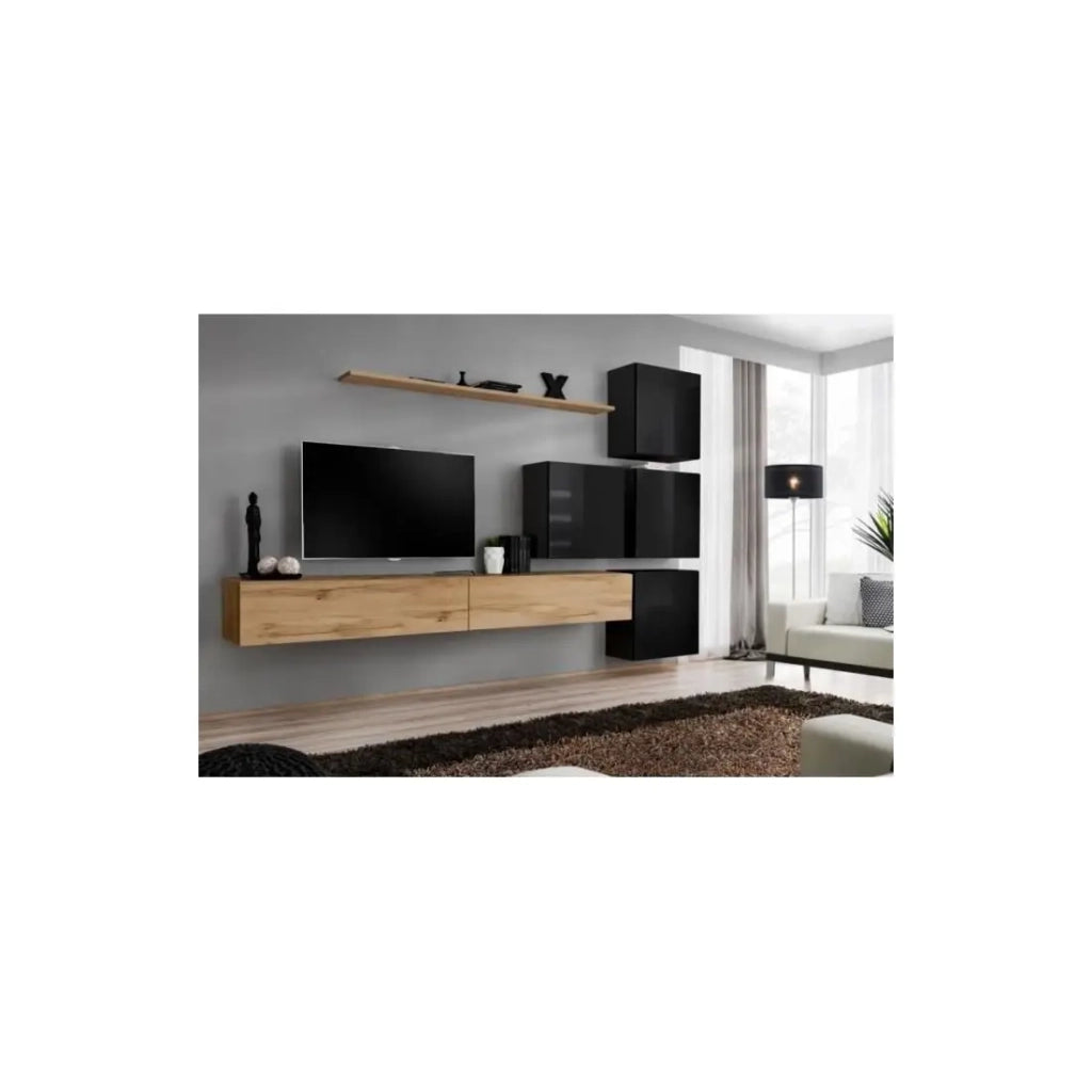 Mobile da salotto murale SWITCH IX design, colore quercia Wotan e nero lucido.