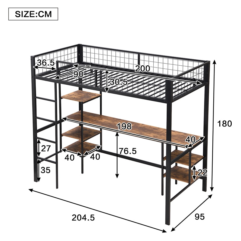Letto a Castello con Scrivania e Scaffale ¨C Xylo ¨C Metallo e Legno, Nero, 90x200