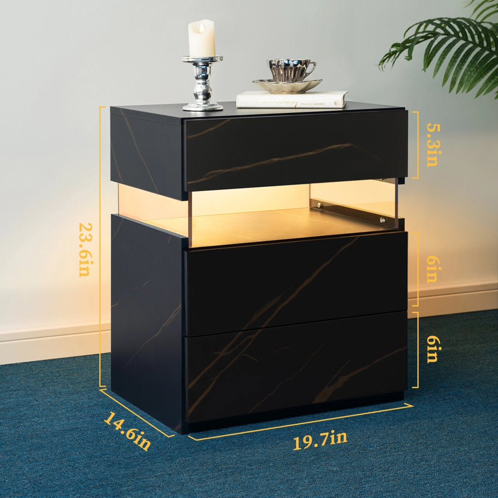 COMODINO con LED e 3 cassetti Nero e oro