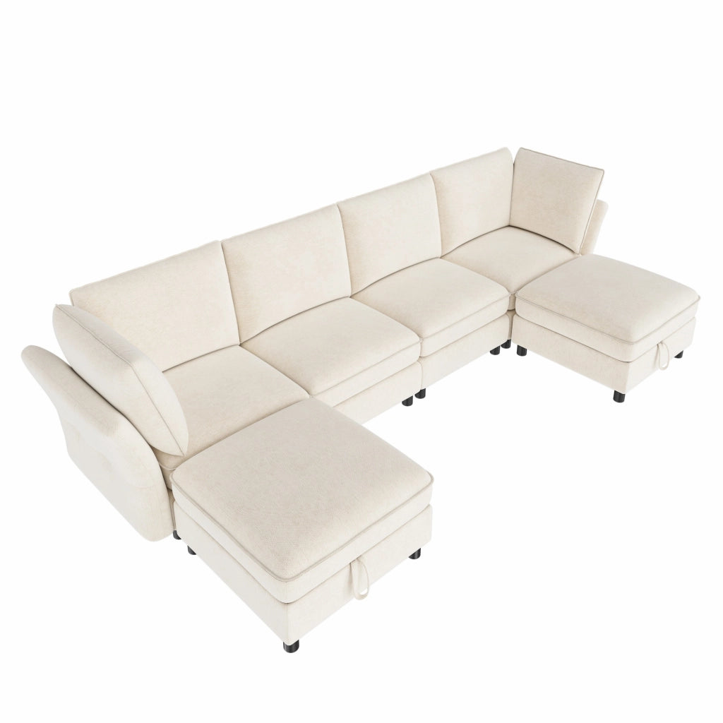 Divano Angolare Modulare 6 Posti con Contenitore e 2 Pouf, Chenille Beige, 289 × 137 × 84 cm