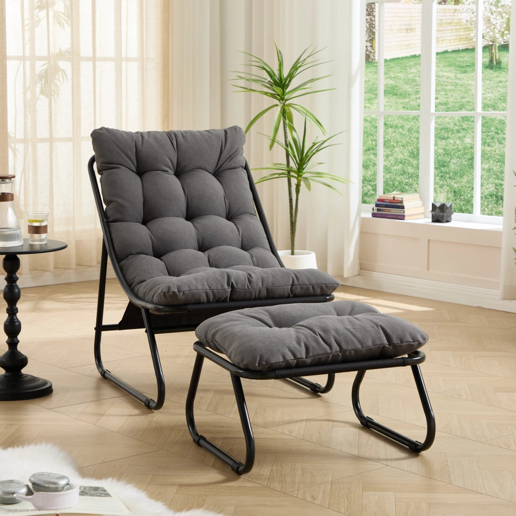 Sedia da patio esterno con pouf poltrona reclinabile comoda con morbido cuscino e poggiapiedi ideali per soggiorno camera da letto sala lettura telaio nero e cuscino grigio