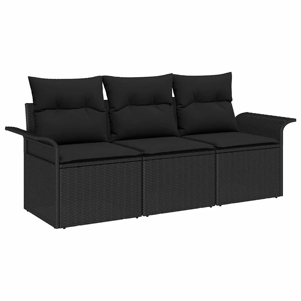 Set Divano da Giardino con cuscino 3 pz | Set Salotto da Giardino Nero Poly Rattan