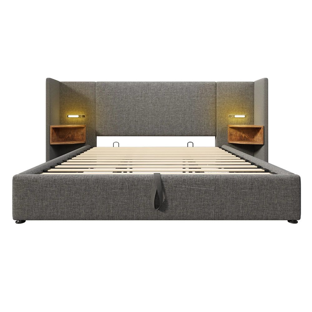 Letto imbottito con cassone - Xylo - 180??200 cm - Grigio Lin - Comodino con luce e USB Type-C