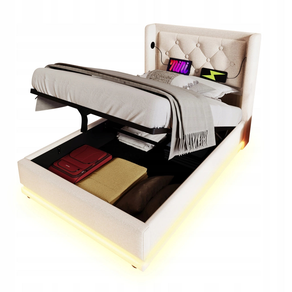 Letto imbottito 90x200 - Xylo - Beige, LED, USB-C, idraulico